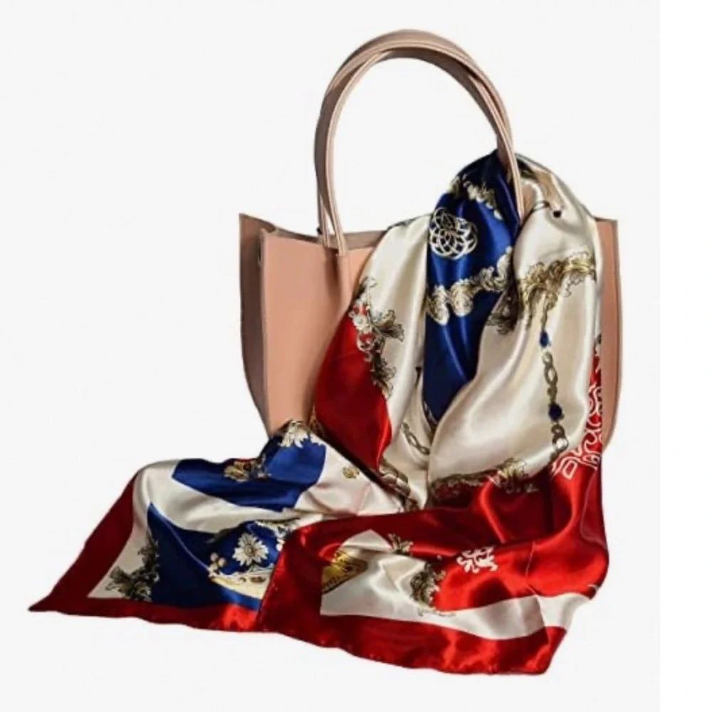Vintage Style Square Silk Feel Scarf Red Navy Blue Gold Chain‎ Print 35x35